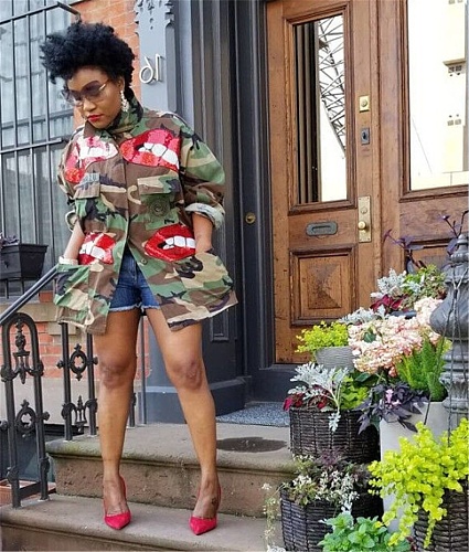 Fashion Lips Sequin Camouflage Pocket Coats Plus Size MOF-5109