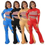 Winter Thread Knit Splicing Long Sleeve Crop Top Flares Pants Outfit MOF-6603