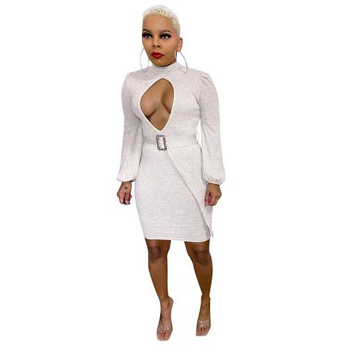 Sexy Hollowed-out Long Sleeve Slim Knit Dress With Belt MOF-6604