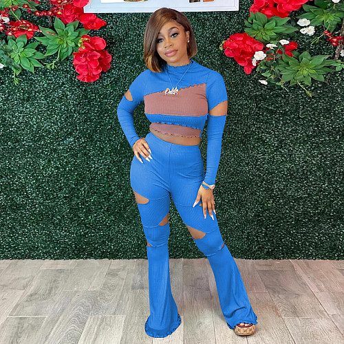 Winter Thread Knit Splicing Long Sleeve Crop Top Flares Pants Outfit MOF-6603