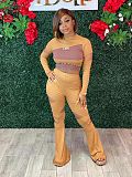 Winter Thread Knit Splicing Long Sleeve Crop Top Flares Pants Outfit MOF-6603