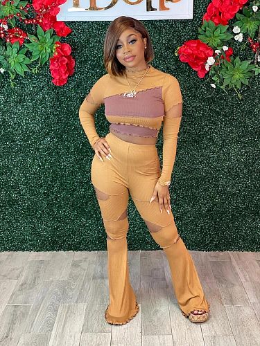 Winter Thread Knit Splicing Long Sleeve Crop Top Flares Pants Outfit MOF-6603