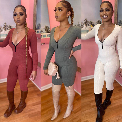 Solid Knitted Long Sleeve One Piece Jumpsuit MOF-6662