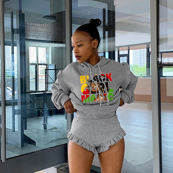 Women Gray Long Sleeves Hoodies And Shorts 2 Pieces Set MDF-5385