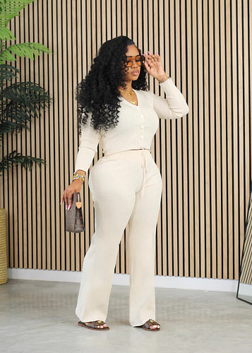 Solid Color Knitted Casual Long Pants Set Two-piece MOF-8933