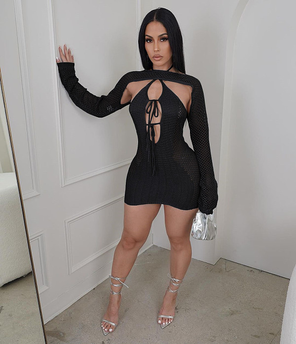 Sexy Backless Hollow Out Long Sleeves Mini Dress Sets MDF-5387