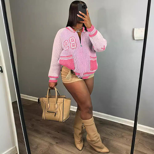 Women's Letter Baseball Sweater Loose Cardigan Casual Long Sleeve Top MDF-5553