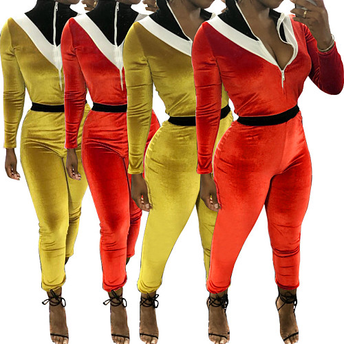 Leisure Women Velvet Patchwork Zipper Jumpsuit MOF-5125