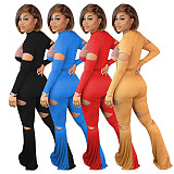 Winter Thread Knit Splicing Long Sleeve Crop Top Flares Pants Outfit MOF-6603