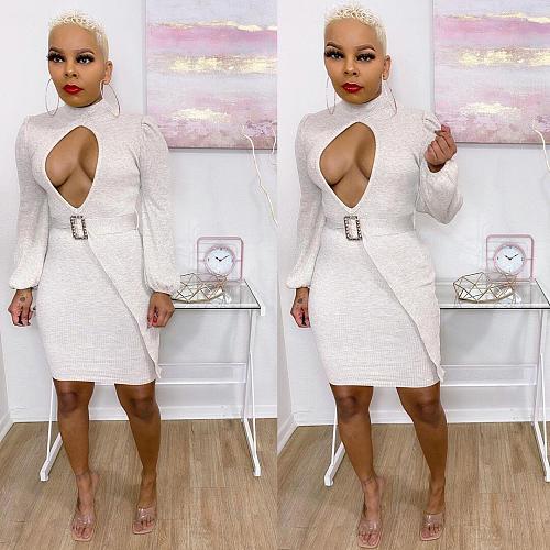 Sexy Hollowed-out Long Sleeve Slim Knit Dress With Belt MOF-6604