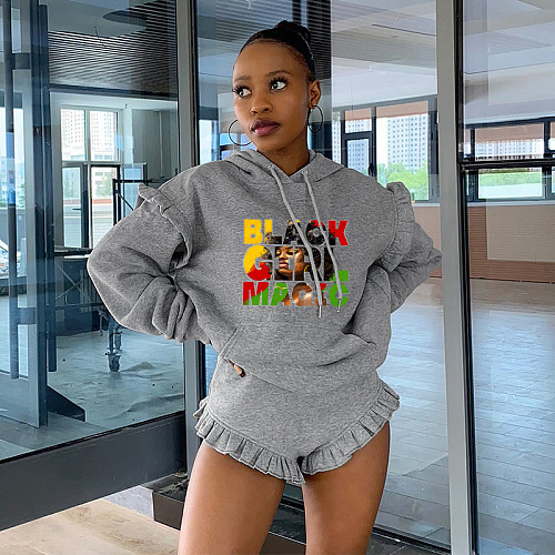 Women Gray Long Sleeves Hoodies And Shorts 2 Pieces Set MDF-5385