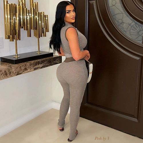 Sexy Women Knit Low-cut Midriff High-waisted Pants Two-piece Set MDF-5508