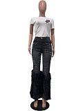 Casual Women High Waist Beaded Fluff Trouser Hem Jeans OD-8711