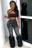 Casual Women High Waist Beaded Fluff Trouser Hem Jeans OD-8711