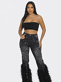 Casual Women High Waist Beaded Fluff Trouser Hem Jeans OD-8711