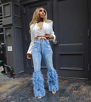Casual Women High Waist Beaded long-whiskered Jeans OD-8711