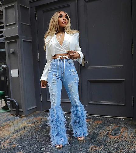 Casual Women High Waist Beaded long-whiskered Jeans OD-8711