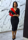 Lady Color Splicing Collar Slim-fit Wrap Hip Oblique Shoulder Midi Dress NY-3377