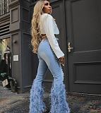 Casual Women High Waist Beaded Fluff Trouser Hem Jeans OD-8711