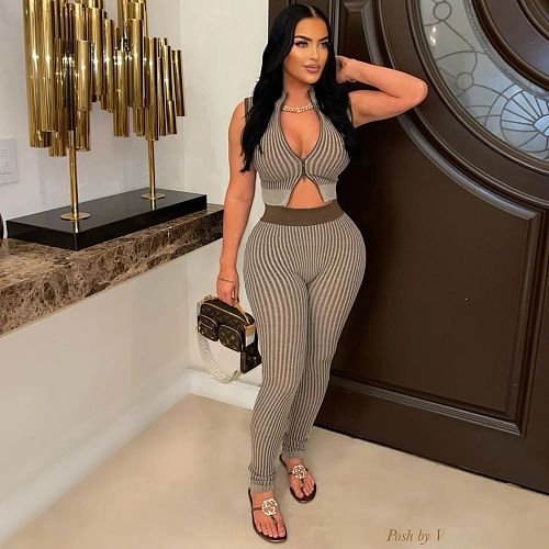 Sexy Women Knit Low-cut Midriff High-waisted Pants Two-piece Set MDF-5508