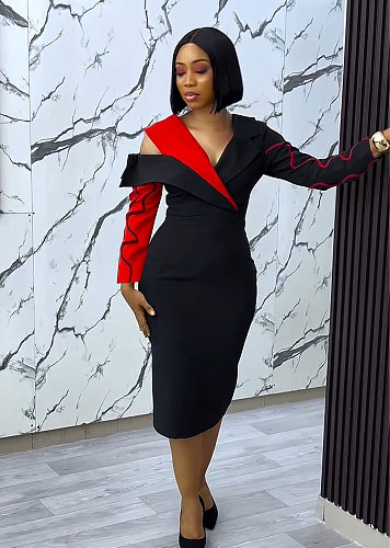 Lady Color Splicing Collar Slim-fit Wrap Hip Oblique Shoulder Midi Dress NY-3377