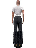 Casual Women High Waist Beaded Fluff Trouser Hem Jeans OD-8711