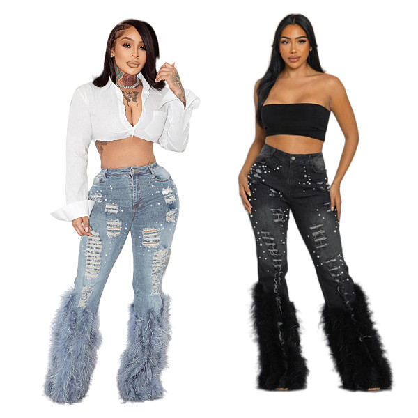 Casual Women High Waist Beaded Fluff Trouser Hem Jeans OD-8711
