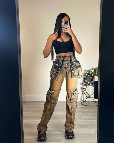 Casual Women Patchwork Multi-pocket Organ Jeans OD-8686