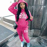 Sporty Women's Printed Hoodie Fleece Tracksuit Two Pieces Sets DN-5999F62