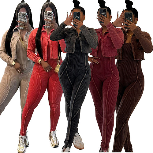 Fashion Women Long Sleeve Jacket And Bodycon Jumpsuit 2 Pieces Sets TK-6329