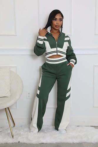 Women's High-neck Zipper Top Two-piece Patchwork Color Trouser Suit HANI-2451