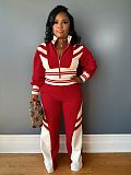 Women's High-neck Zipper Top Two-piece Patchwork Color Trouser Suit HANI-2451