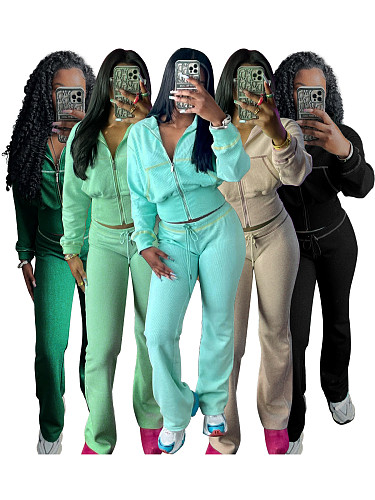 Leisure Women Lapel Collar Zipper Long Sleeve Long Pants 2 Pieces Sets CH-24065