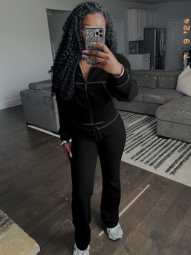 Leisure Women Lapel Collar Zipper Long Sleeve Long Pants 2 Pieces Sets CH-24065