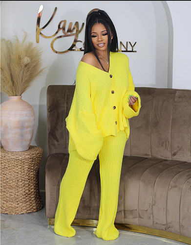 Women Solid Color V-neck Buttons Cardigan Wide-leg Pants Sweater Sets CN-0224