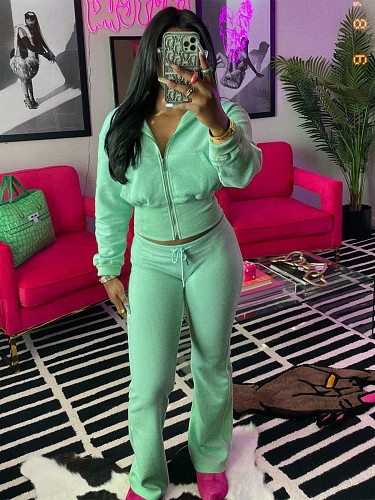 Leisure Women Lapel Collar Zipper Long Sleeve Long Pants 2 Pieces Sets CH-24065