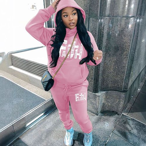 Sporty Women's Printed Hoodie Fleece Tracksuit Two Pieces Sets DN-5999F62