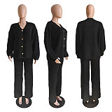 Women Solid Color V-neck Buttons Cardigan Wide-leg Pants Sweater Sets CN-0224