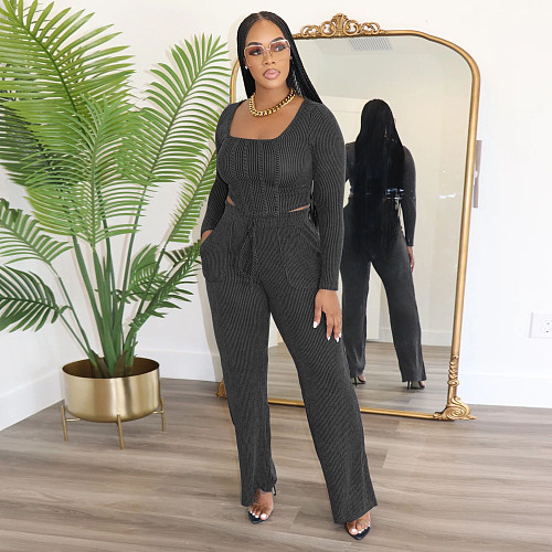 Women Long Sleeve Square Collar Crop Topa And Long Pants Casual Sets YF-10815