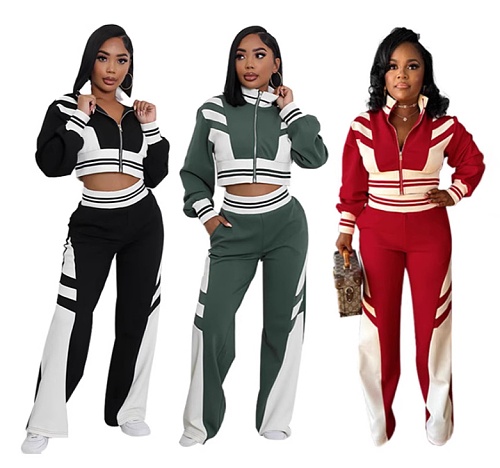 Women's High-neck Zipper Top Two-piece Patchwork Color Trouser Suit HANI-2451