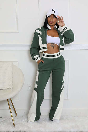 Women's High-neck Zipper Top Two-piece Patchwork Color Trouser Suit HANI-2451