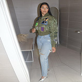 Casual Prints Women Short Zipper Flight Jacket Amry Green YNS-2668