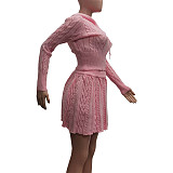 Pink Sweater Women Zipper Hoodies And Mini Skirt Sets TK-6331