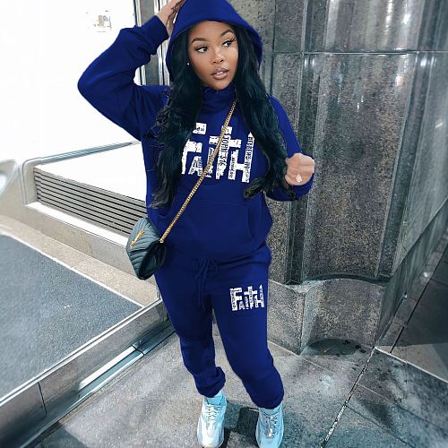 Sporty Women's Printed Hoodie Fleece Tracksuit Two Pieces Sets DN-5999F62