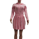 Pink Sweater Women Zipper Hoodies And Mini Skirt Sets TK-6331