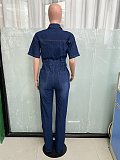 Women Short Sleeves Turndown Collar Buttons Pencil Denim Jumpsuit LX-3575