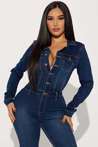 2025 NEW Women Denim Long Sleeves Buttons Bodycon Flared Jumpsuit LX-3568