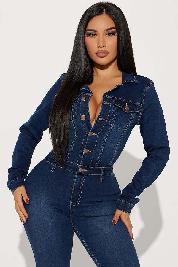 2025 NEW Women Denim Long Sleeves Buttons Bodycon Flared Jumpsuit LX-3568