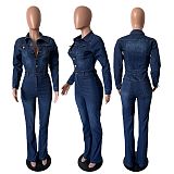 2025 NEW Women Denim Long Sleeves Buttons Bodycon Flared Jumpsuit LX-3568