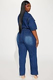 Women Short Sleeves Turndown Collar Buttons Pencil Denim Jumpsuit LX-3575